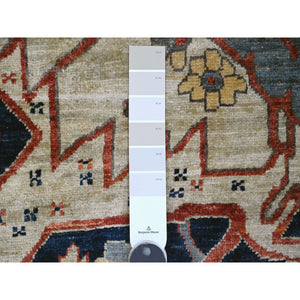 8'2"x10' Khaki Brown With Navy Blue, Hand Knotted, Serapi Heriz, Aryana Collection, Vegetable Dyes, 100% Wool, Densely Woven, Oriental Rug FWR120024
