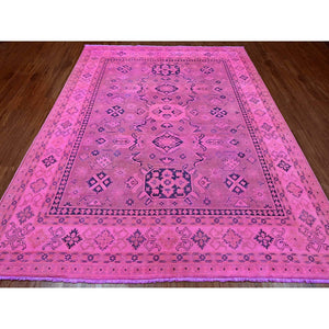 7'10"x9'7" Fuscia Pink, Overdyed Kazak With Tribal Medallions Design, Pure Wool, Hand Knotted, Oriental Rug FWR120066