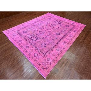 7'10"x9'7" Fuscia Pink, Overdyed Kazak With Tribal Medallions Design, Pure Wool, Hand Knotted, Oriental Rug FWR120066