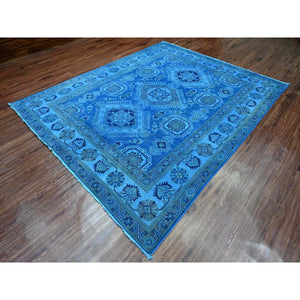 8'x9'9" Imperial Blue, 100% Wool, Overdyed Kazak with Geometric Medallions Design, Hand Knotted, Oriental Rug FWR120078