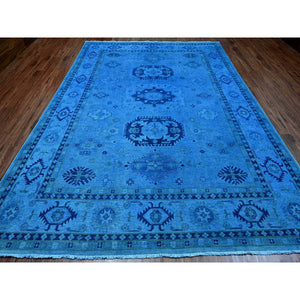 8'8"x11'9" Bayern Blue, Hand Knotted, Overdyed Kazak with Geometric Medallions Design, 100% Wool, Oriental Rug FWR120090