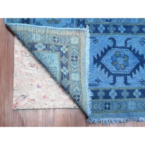 8'8"x11'9" Bayern Blue, Hand Knotted, Overdyed Kazak with Geometric Medallions Design, 100% Wool, Oriental Rug FWR120090