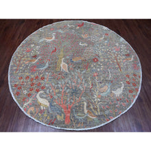 Load image into Gallery viewer, 7&#39;9&quot;x7&#39;9&quot; Spanish Gray, Afghan Peshawar with Birds of Paradise Design, Hand Knotted, Soft Wool, Vegetable Dyes, Round, Oriental Rug FWR120102