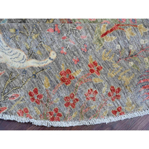 7'9"x7'9" Spanish Gray, Afghan Peshawar with Birds of Paradise Design, Hand Knotted, Soft Wool, Vegetable Dyes, Round, Oriental Rug FWR120102