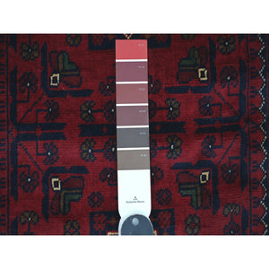 2'8"x4'2" Deep And Saturated Red, Afghan Khamyab With Geometric Design, Extra Soft Wool, Hand Knotted, Mat, Oriental Rug FWR120132