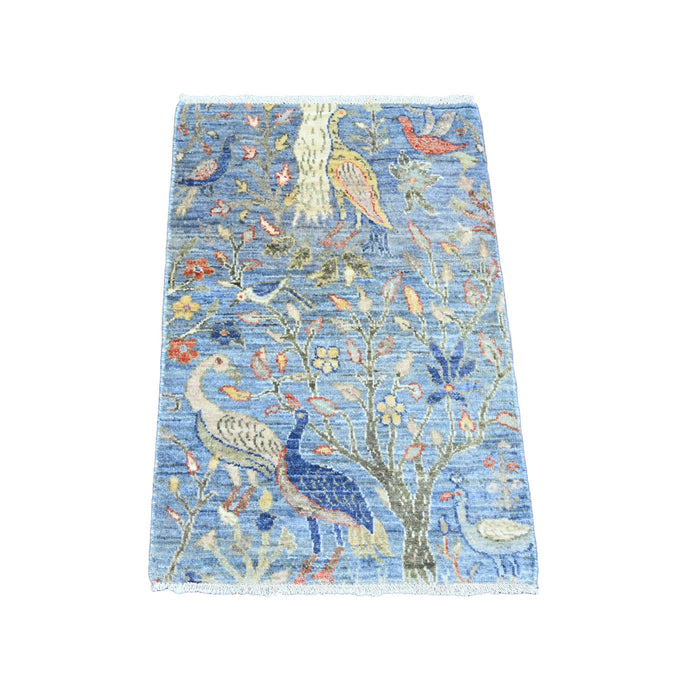 2'x3' Lake Blue, Afghan Peshawar with Birds of Paradise Design, Natural Dyes, Hand Knotted, 100% Wool, Sample, Mat, Oriental Rug FWR120246