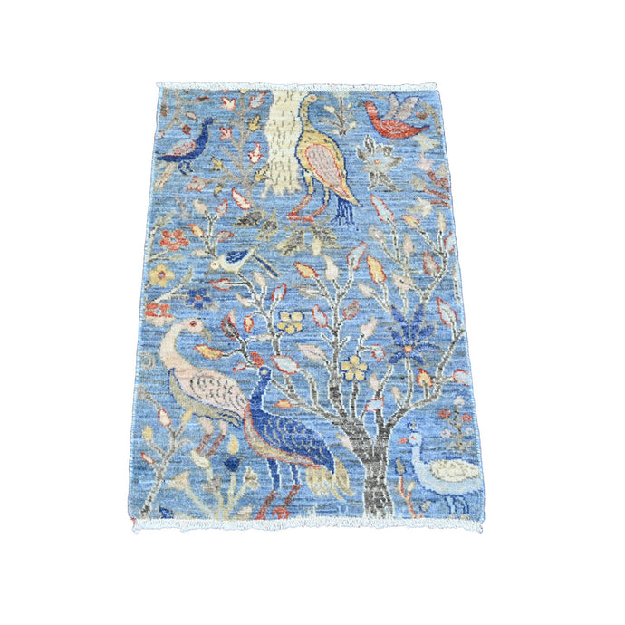 2'x3' Carolina Blue, Afghan Peshawar with Birds of Paradise Design, Soft Wool, Vegetable Dyes, Hand Knotted, Mat, Sample, Oriental Rug FWR120264