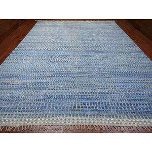 12'2"x15'3" Imperial Blue, Moroccan Weave, All Over Intricate Block Geometric Design, Textured Pile, 100% Wool, Hand Knotted, Oversized, Oriental Rug FWR120306