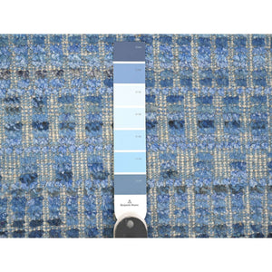 12'2"x15'3" Imperial Blue, Moroccan Weave, All Over Intricate Block Geometric Design, Textured Pile, 100% Wool, Hand Knotted, Oversized, Oriental Rug FWR120306
