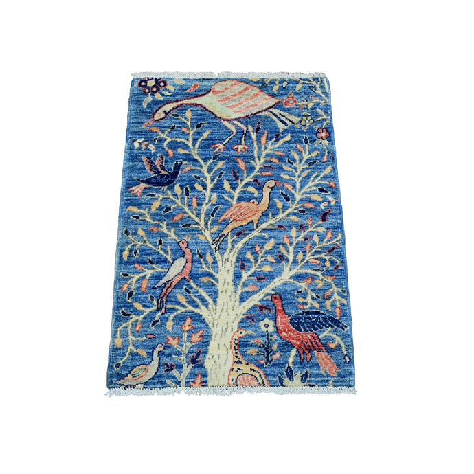 2'x3' Imperial Blue, Afghan Peshawar with Birds of Paradise Design, Vegetable Dyes, Sample, Hand Knotted, Soft and Shiny Wool, Mat, Oriental Rug FWR120318