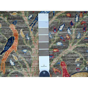 2'x3' Nickel Gray, Hand Knotted, Afghan Peshawar With Birds Of Paradise Design, Soft And Shiny Wool, Vegetable Dyes, Mat, Sample, Oriental Rug FWR120366