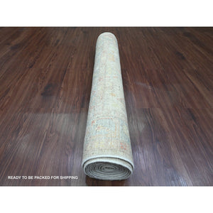 3'10"x12'3" Pearl White, Afghan Angora Oushak With Colorful Leaf Design, Hand Knotted, Veggie Dyes, 100% Wool, Runner, Oriental Rug FWR120444