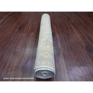 4'x12'3' Cotton White, Afghan Angora Oushak with All Over Leaf Design, Veggie Dyes, Hand Knotted, 100% Wool, Wide Runner, Oriental Rug FWR120462