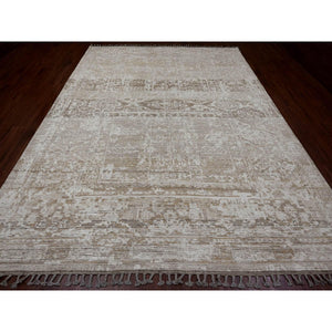 9'1"x12'5" Dark Vanilla Brown, Moroccan Weave With Erased And Broken Pattern, Abrash, Hand Knotted, Pure Wool, Oriental Rug FWR120474