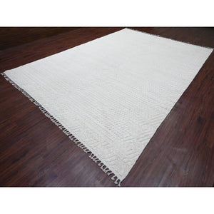 9'10"x14'1" Pearl White, Moroccan Weave, Tone On Tone, Intricate Diamond Pattern, Hand Knotted, 100% Wool, Oriental Rug FWR120480