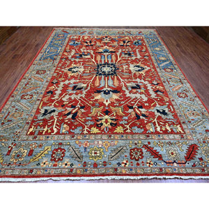 9'6"x12' Crimson Red, Hand Knotted, Aryana Collection With Heriz Design, Distinct Abrash, Vegetable Dyes, 100% Wool, Oriental Rug FWR120510