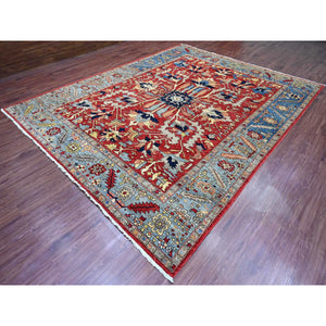 9'6"x12' Crimson Red, Hand Knotted, Aryana Collection With Heriz Design, Distinct Abrash, Vegetable Dyes, 100% Wool, Oriental Rug FWR120510