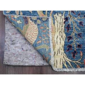3'x21'3" Bayern Blue, Afghan Peshawar with Birds of Paradise Design, Natural Dyes, Hand Knotted, 100% Wool, XL Runner, Oriental Rug FWR120642