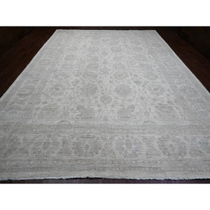11'5"x15'1" Cascading White, 100% Wool, Washed Out Peshawar With All Over Leaf Design, Hand Knotted, Natural Dyes, Oversized, Oriental Rug FWR120684