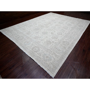 11'5"x15'1" Cascading White, 100% Wool, Washed Out Peshawar With All Over Leaf Design, Hand Knotted, Natural Dyes, Oversized, Oriental Rug FWR120684