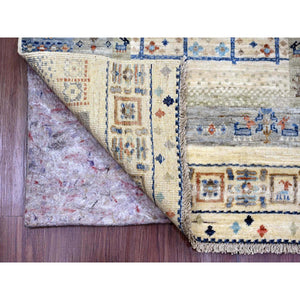 2'10"x9'6" Shades of Brown with Blue, Soft Wool, Fine Kashkuli Gabbeh with Small Animal Figurines, Hand Knotted, Vegetable Dyes, Runner, Oriental Rug FWR120690