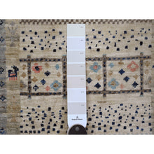 Load image into Gallery viewer, 2&#39;10&quot;x9&#39;6&quot; Shades of Brown with Blue, Soft Wool, Fine Kashkuli Gabbeh with Small Animal Figurines, Hand Knotted, Vegetable Dyes, Runner, Oriental Rug FWR120690