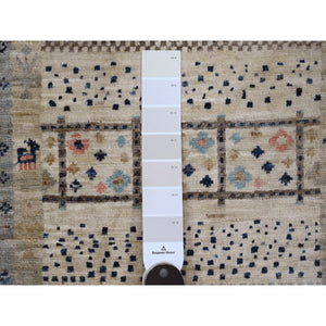 2'10"x9'6" Shades of Brown with Blue, Soft Wool, Fine Kashkuli Gabbeh with Small Animal Figurines, Hand Knotted, Vegetable Dyes, Runner, Oriental Rug FWR120690