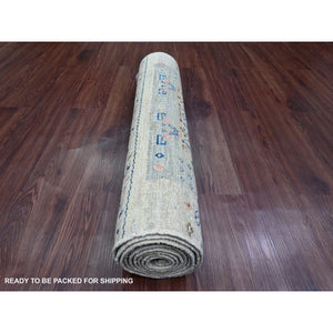 2'10"x9'6" Shades of Brown with Blue, Soft Wool, Fine Kashkuli Gabbeh with Small Animal Figurines, Hand Knotted, Vegetable Dyes, Runner, Oriental Rug FWR120690