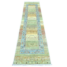 Load image into Gallery viewer, 2&#39;5&quot;x9&#39;9&quot; Olive Green, Hand Knotted, Fine Kashkuli Gabbeh with Small Animal Figurines, Soft Wool, Veggie Dyes, Runner, Oriental Rug FWR120696