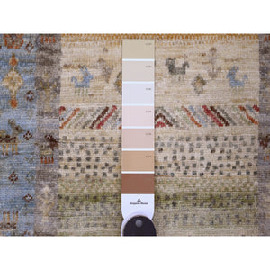 2'5"x9'9" Olive Green, Hand Knotted, Fine Kashkuli Gabbeh with Small Animal Figurines, Soft Wool, Veggie Dyes, Runner, Oriental Rug FWR120696