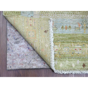 2'8"x14'8" Olive Green, Fine Kashkuli Gabbeh With Small Animal Figurines, Natural Dyes, 100% Wool, Hand Knotted, Xl Runner, Oriental Rug FWR120732