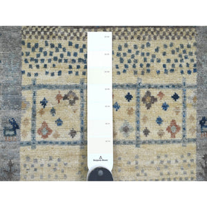 2'7"x10'3" Bone White with Gray, Fine Kashkuli Gabbeh with Small Animal Figurines, Soft Wool, Hand Knotted, Vegetable Dyes, Runner, Oriental Rug FWR120738