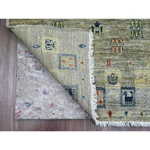 2'8"x7'7" Stone Gray, Soft Wool, Fine Kashkuli Gabbeh With Small Animal Figurines, Hand Knotted, Natural Dyes, Runner, Oriental Rug FWR120744