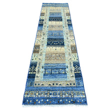 Load image into Gallery viewer, 2&#39;6&quot;x9&#39;8&quot; Shades of Blue, Hand Knotted, Fine Kashkuli Gabbeh with Small Animal Figurines, Soft Wool, Veggie Dyes, Runner, Oriental Rug FWR120750