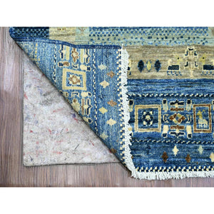 2'6"x9'8" Shades of Blue, Hand Knotted, Fine Kashkuli Gabbeh with Small Animal Figurines, Soft Wool, Veggie Dyes, Runner, Oriental Rug FWR120750