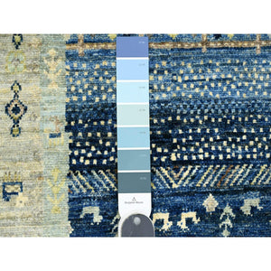 2'6"x9'8" Shades of Blue, Hand Knotted, Fine Kashkuli Gabbeh with Small Animal Figurines, Soft Wool, Veggie Dyes, Runner, Oriental Rug FWR120750