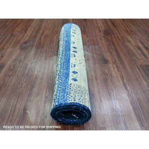 2'6"x9'8" Shades of Blue, Hand Knotted, Fine Kashkuli Gabbeh with Small Animal Figurines, Soft Wool, Veggie Dyes, Runner, Oriental Rug FWR120750