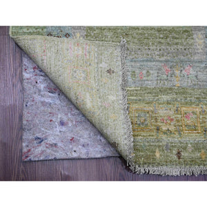 2'9"x9'7" Sage Green, Soft Wool, Fine Kashkuli Gabbeh With Small Animal Figurines, Hand Knotted, Natural Dyes, Runner, Oriental Rug FWR120762