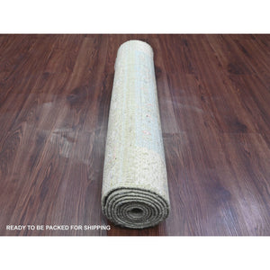 2'9"x9'7" Sage Green, Soft Wool, Fine Kashkuli Gabbeh With Small Animal Figurines, Hand Knotted, Natural Dyes, Runner, Oriental Rug FWR120762