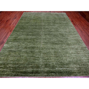8'8"x11'6" Basil Green, Hand Spun Ghazni Wool, Plain Solid Pattern, Hand Knotted, Lush And Plush, Oriental Rug FWR120840