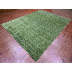 8'8"x11'6" Basil Green, Hand Spun Ghazni Wool, Plain Solid Pattern, Hand Knotted, Lush And Plush, Oriental Rug FWR120840