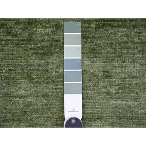 8'8"x11'6" Basil Green, Hand Spun Ghazni Wool, Plain Solid Pattern, Hand Knotted, Lush And Plush, Oriental Rug FWR120840