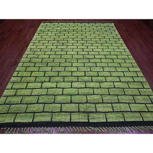 8'2"x10'6" Pear Green, Hand Knotted, Moroccan Weave with All Over Brick Design, Pure Wool, Oriental Rug FWR120882
