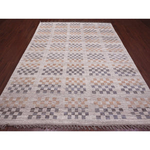 8'1"x10'5" Chiffon White, Moroccan Weave with Soft and Balanced Colors Box Design, Hand Knotted, Soft Wool, Tone on Tone, Textured Pile, Oriental Rug FWR120906
