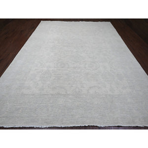 10'x13' Pearl White, Stone Washed Peshawar With All Over Pattern, Hand Knotted, Vegetable Dyes, Pure Wool, Oriental Rug FWR120966