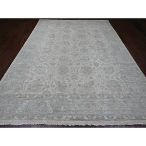 9'2"x11'10" Pearl White, Washed Out Peshawar with All Over Leaf Design, Hand Knotted, Vegetable Dyes, 100% Wool, Oriental Rug FWR121002