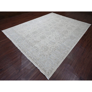 9'2"x11'10" Pearl White, Washed Out Peshawar with All Over Leaf Design, Hand Knotted, Vegetable Dyes, 100% Wool, Oriental Rug FWR121002