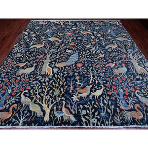 10'1"x10'1" Denim Blue, Hand Knotted, Afghan Peshawar with Birds of Paradise Design, Soft and Shiny Wool, Vegetable Dyes, Square, Oriental Rug FWR121008