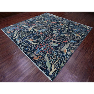 10'1"x10'1" Denim Blue, Hand Knotted, Afghan Peshawar with Birds of Paradise Design, Soft and Shiny Wool, Vegetable Dyes, Square, Oriental Rug FWR121008