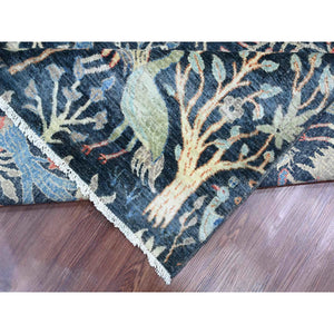 10'1"x10'1" Denim Blue, Hand Knotted, Afghan Peshawar with Birds of Paradise Design, Soft and Shiny Wool, Vegetable Dyes, Square, Oriental Rug FWR121008